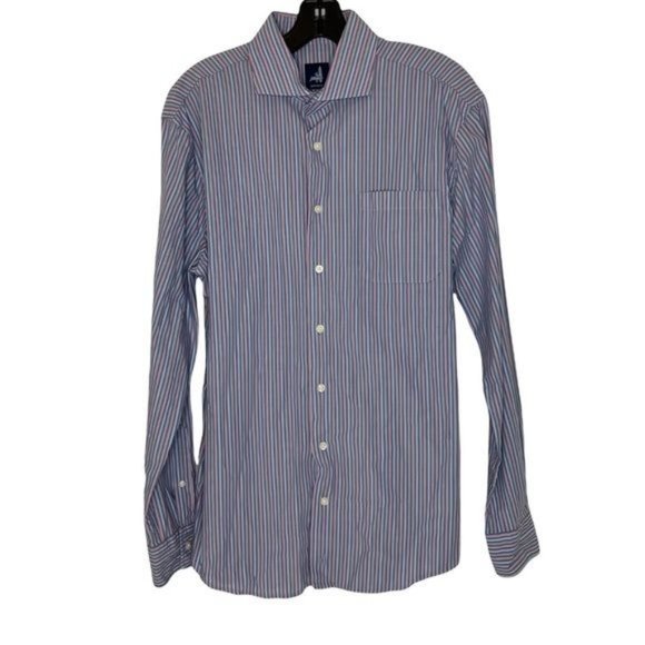 Johnnie O Mens Medium Button Down Long Sleeve Shirt Vertical Striped Blue/Pink - Picture 2 of 5